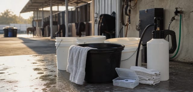 Horse show wash rack with labeled buckets, disinfectant supplies, and soft morning stable light