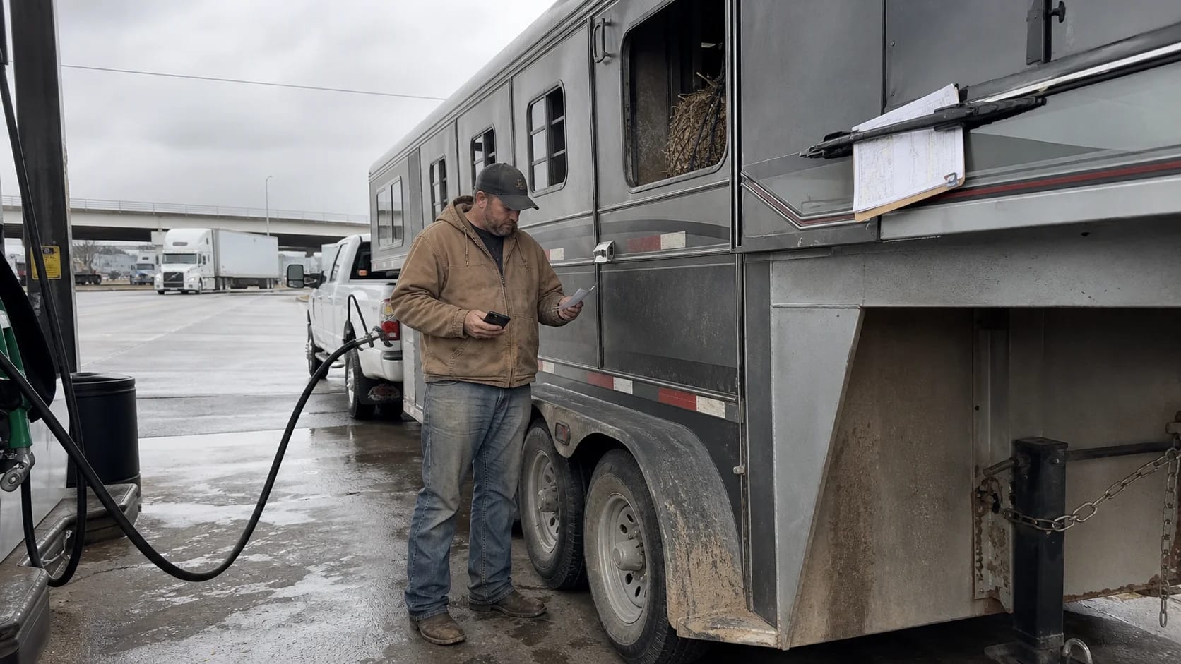 Diesel pickup and horse trailer at a wet truck stop fuel island during a transport route