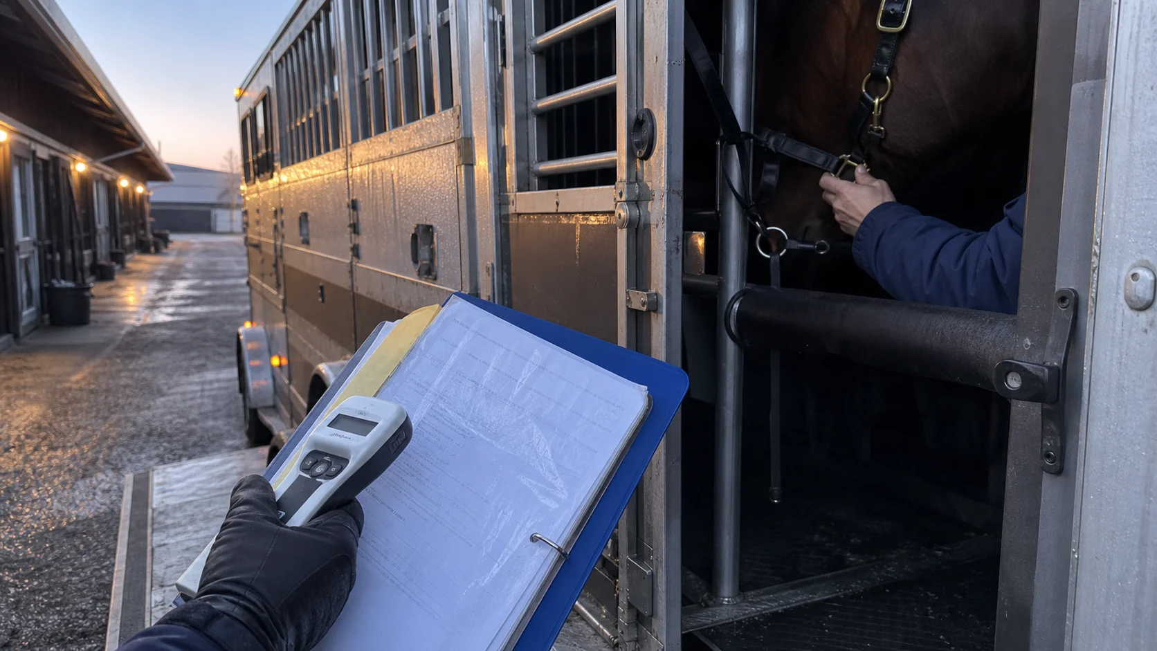Horse transport documents and microchip scanner checked beside an open commercial trailer door
