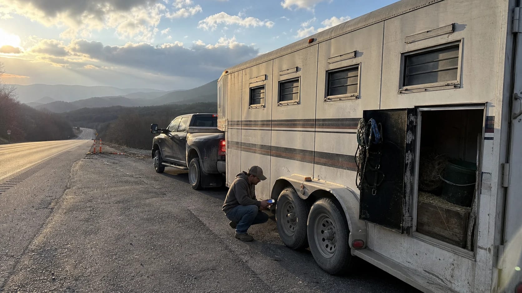 Dually pickup and horse trailer stopped at a mountain highway pullout for a tire safety check