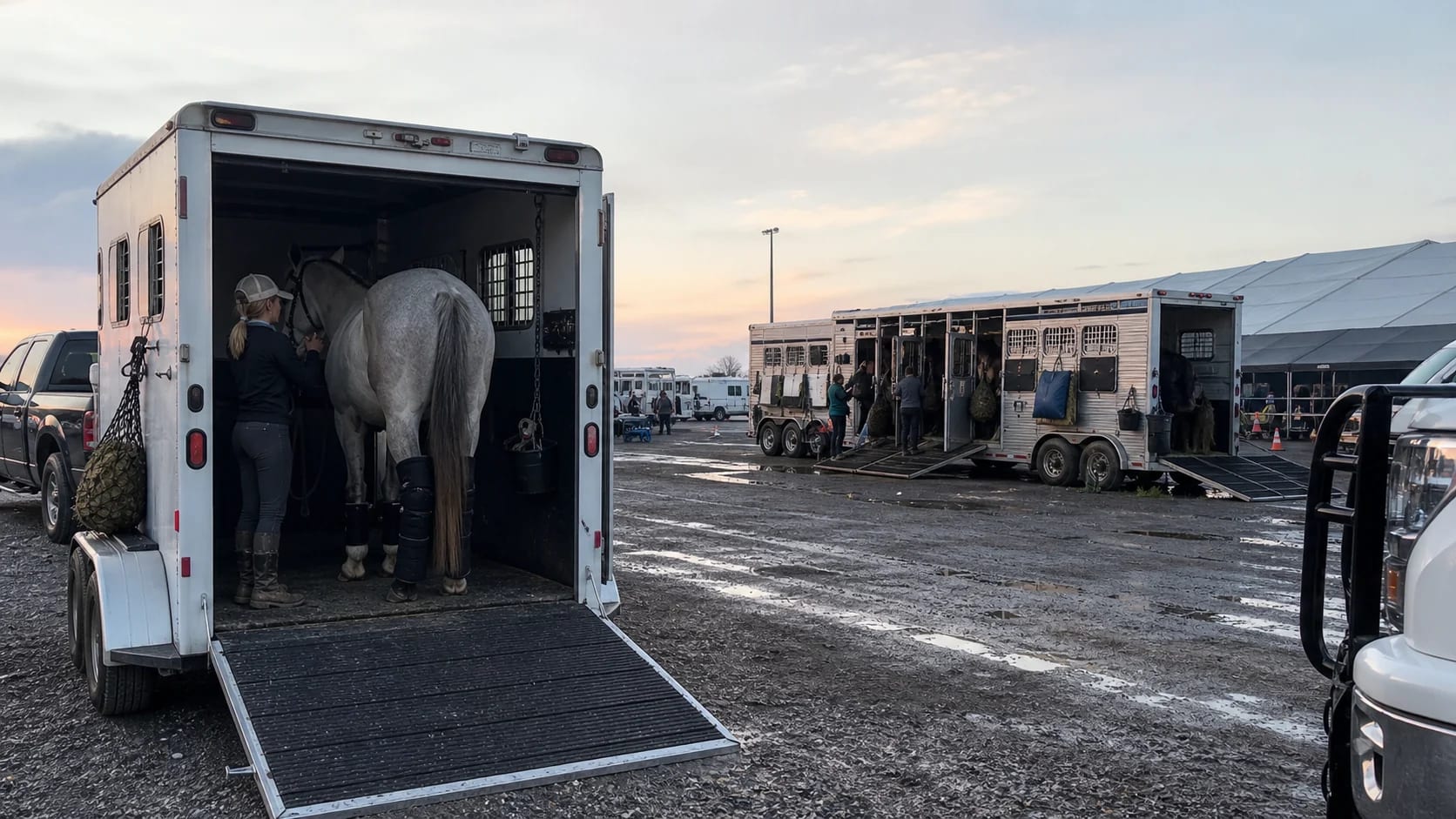 Private two-horse trailer and larger shared-load horse transport rig staged in a busy show ship-in lot