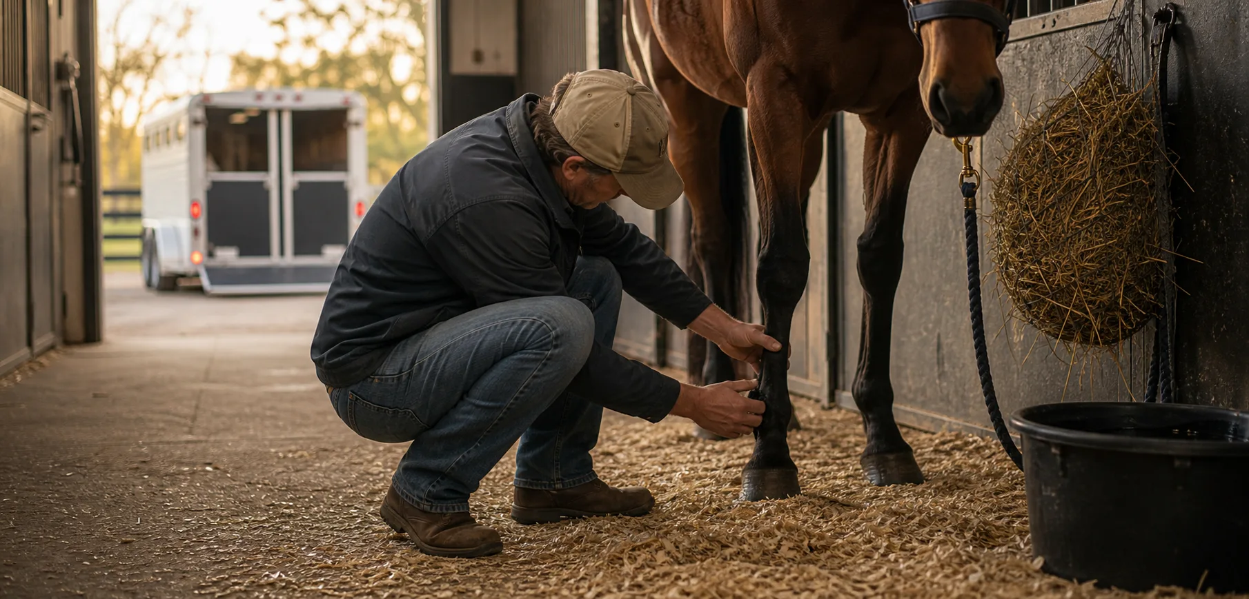 Barn manager checking a horse's leg after transport with the trailer softly blurred in the background