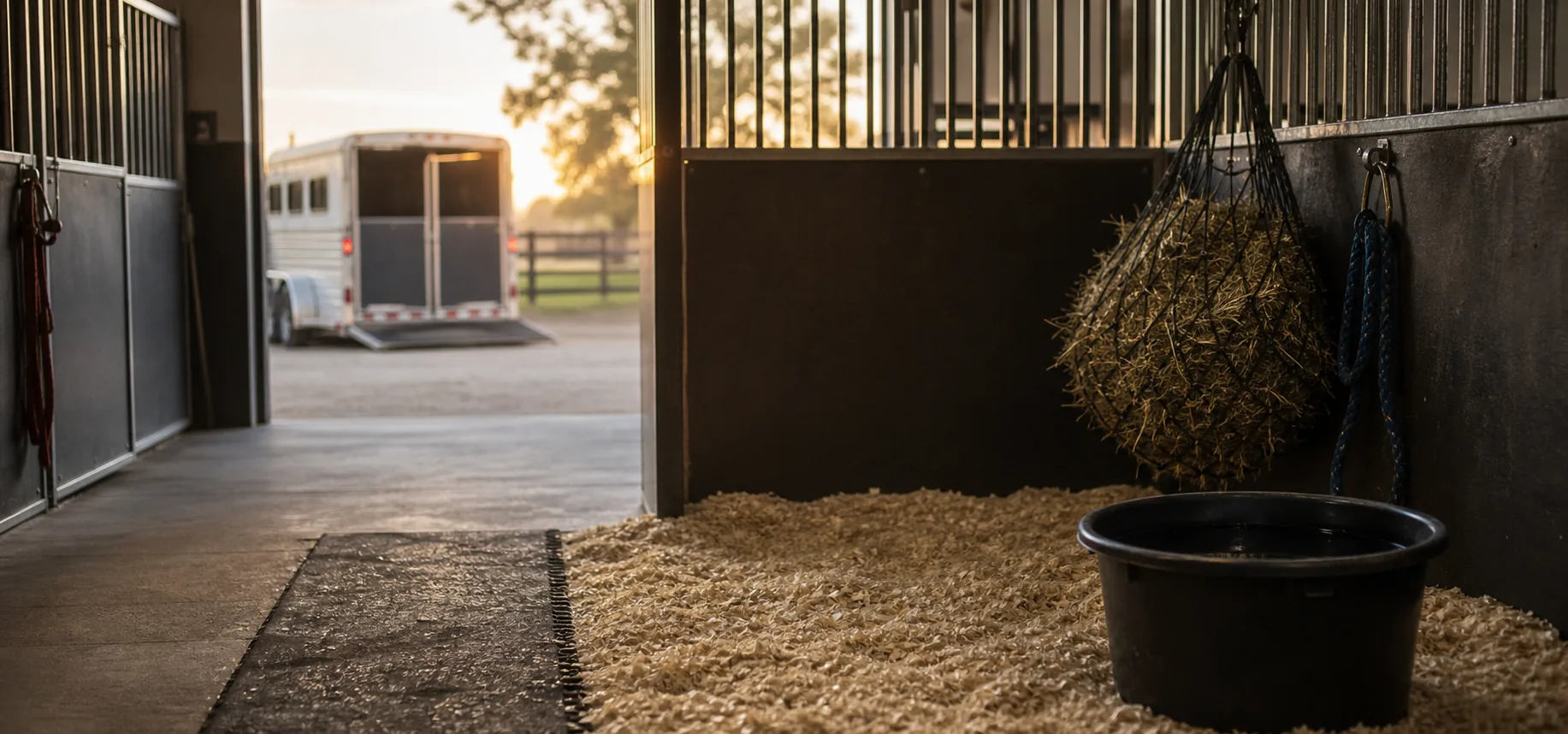 Quiet prepared stall with water bucket, hay, fresh bedding, and a lead rope near the door