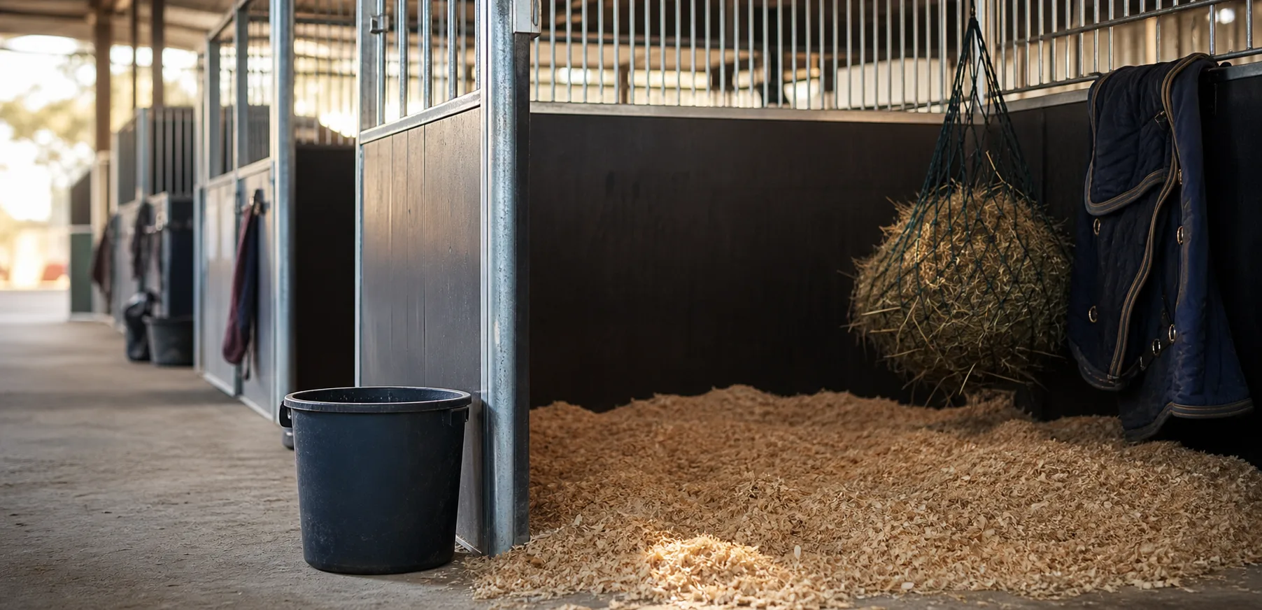 Temporary horse show stall with fresh bedding, labeled bucket, and blurred stable aisle