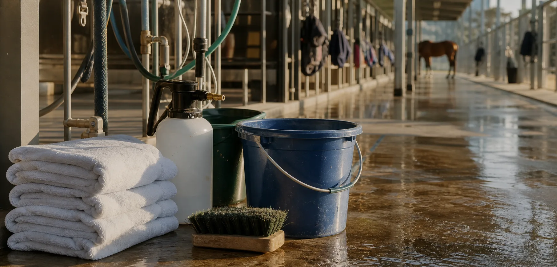 Clean labeled water buckets and disinfectant supplies near a horse show wash rack