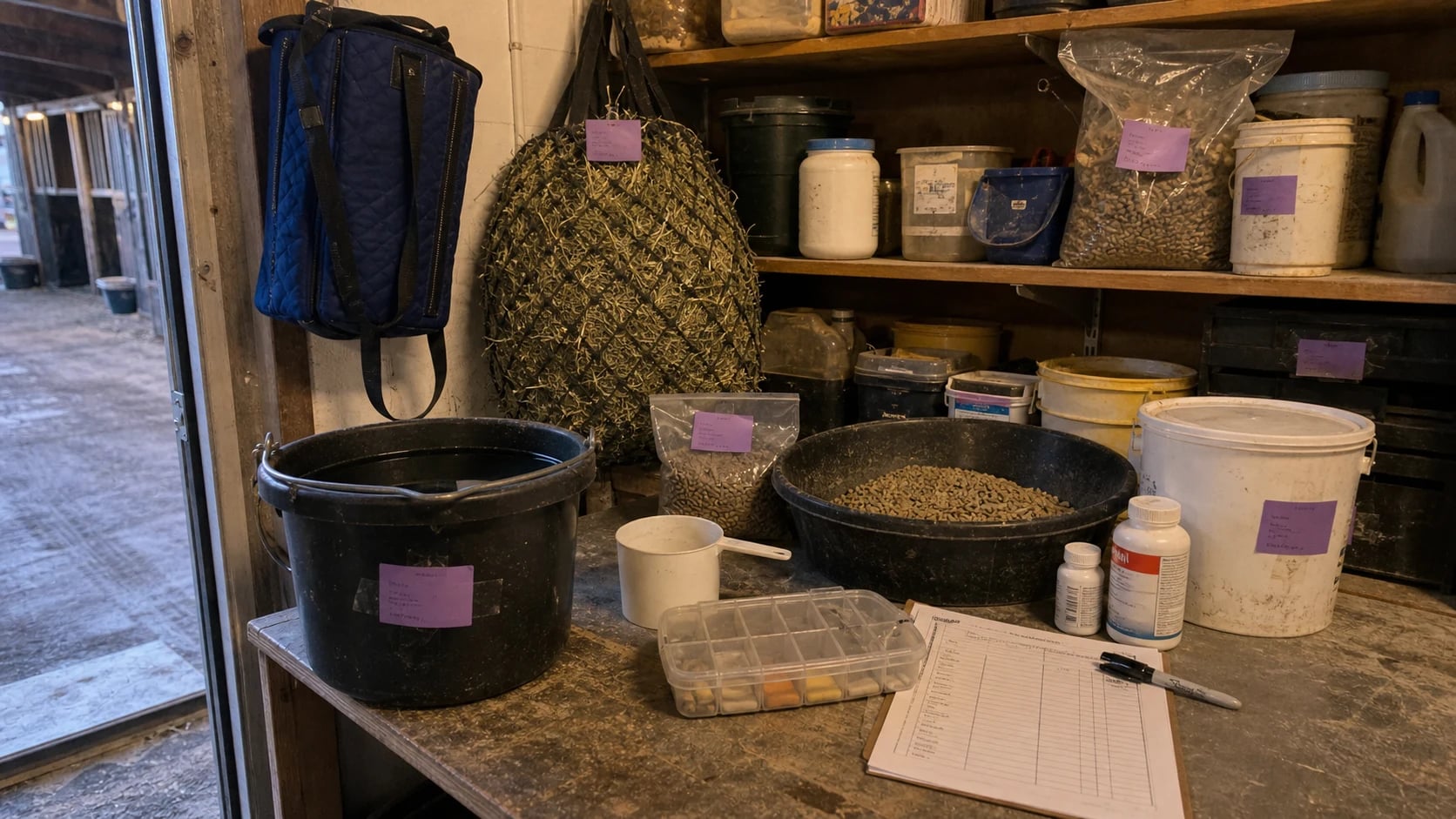 Feed room transport prep with labeled feed bags, hay net, water bucket, supplements, and medication notes