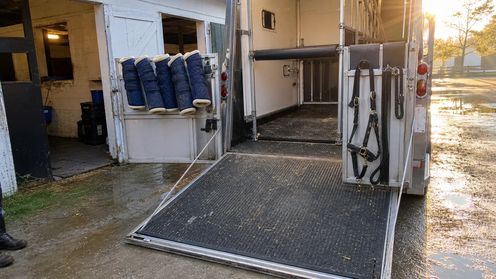 Empty horse trailer ramp prepared for loading with halter, lead rope, and shipping boots nearby