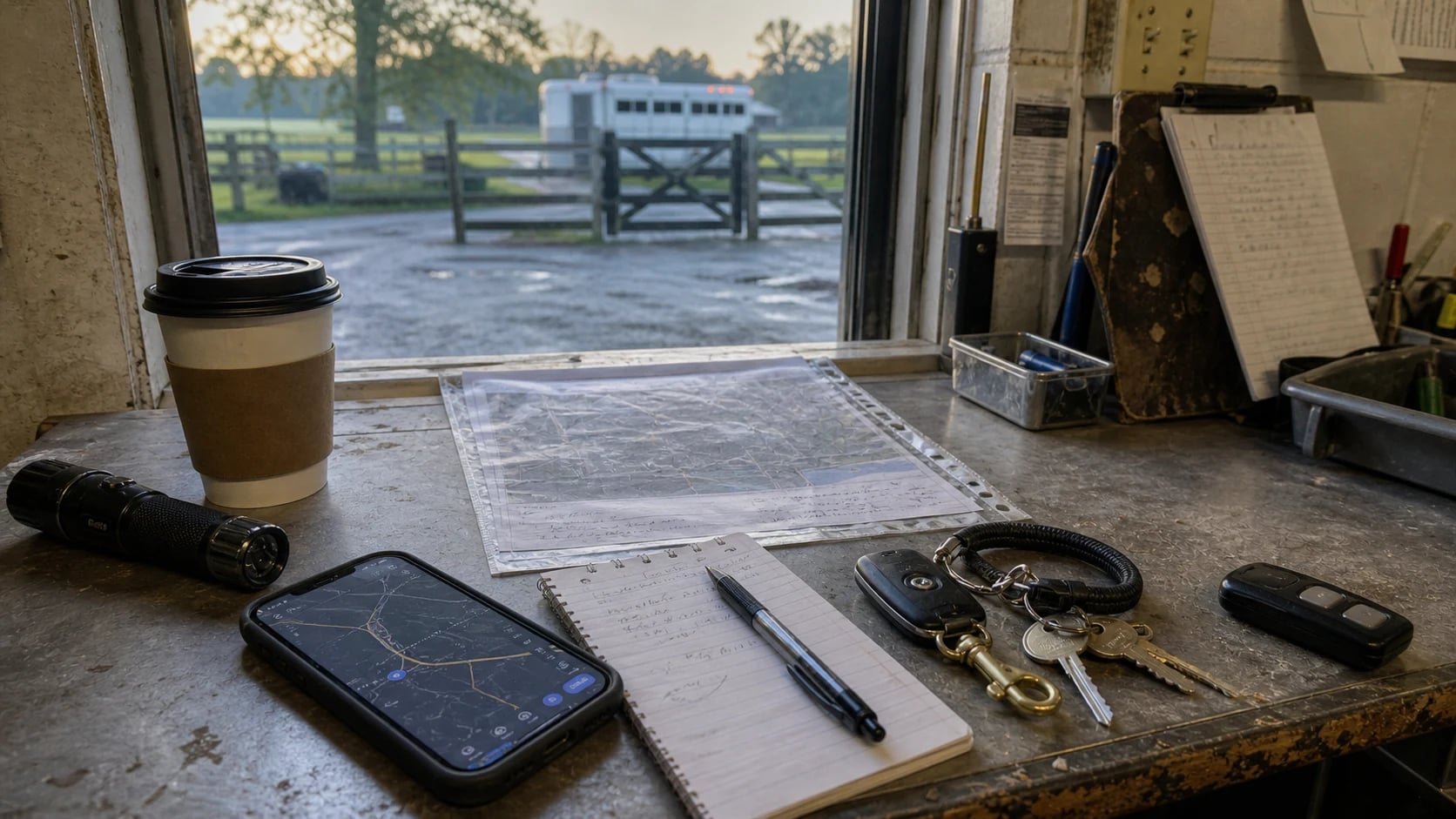 Barn office route notes, gate keys, phone, and pickup access plan prepared before trailer arrival