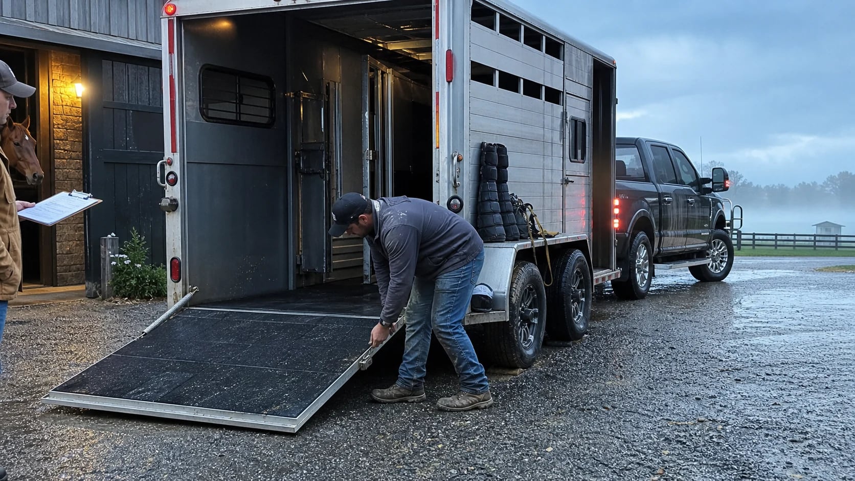 Diesel pickup and horse trailer ramp being checked in a wet barn driveway before loading