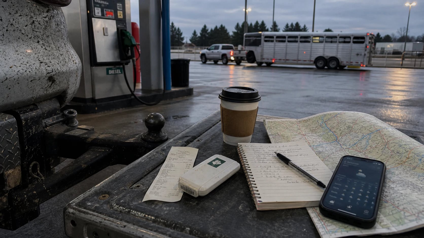 Fuel stop tailgate with route map, receipts, and weather notes for a horse transport quote