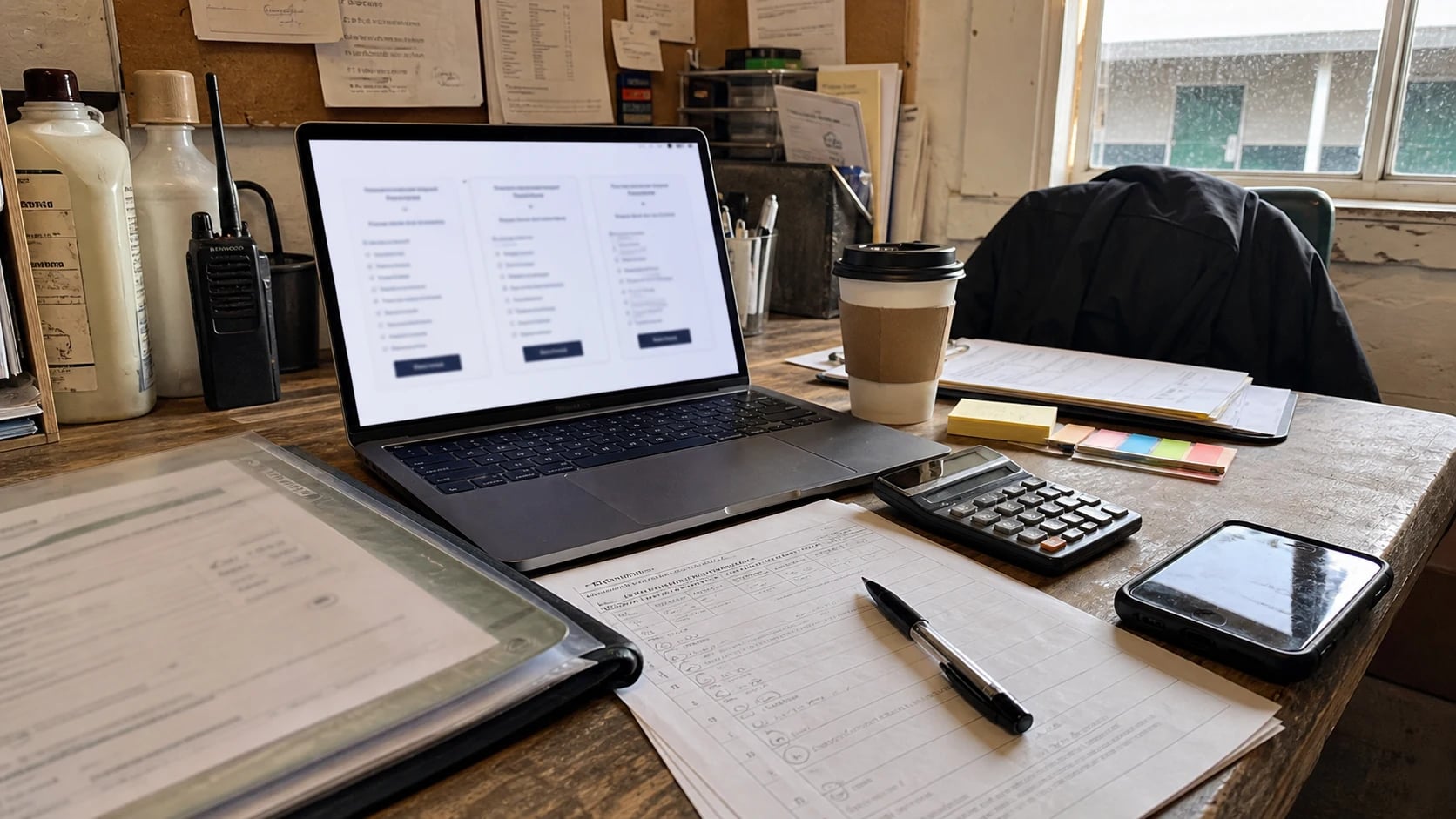 Barn office laptop and checklist used to compare horse transport quote details