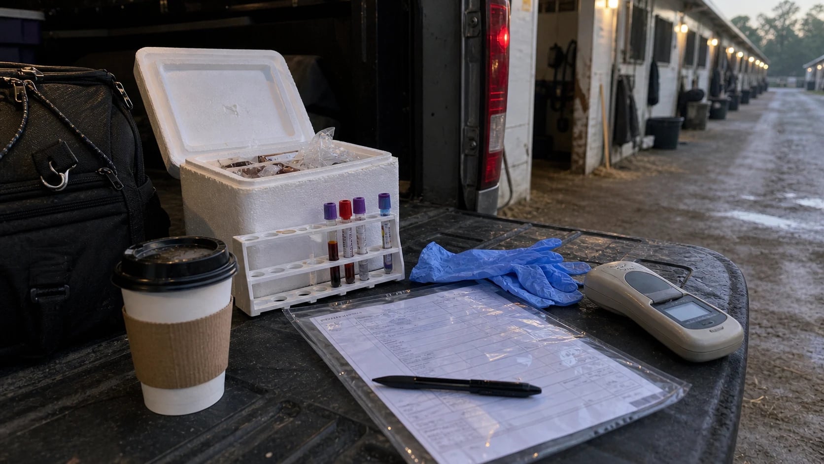 Equine vet truck tailgate with Coggins sample cooler, forms, gloves, and microchip scanner