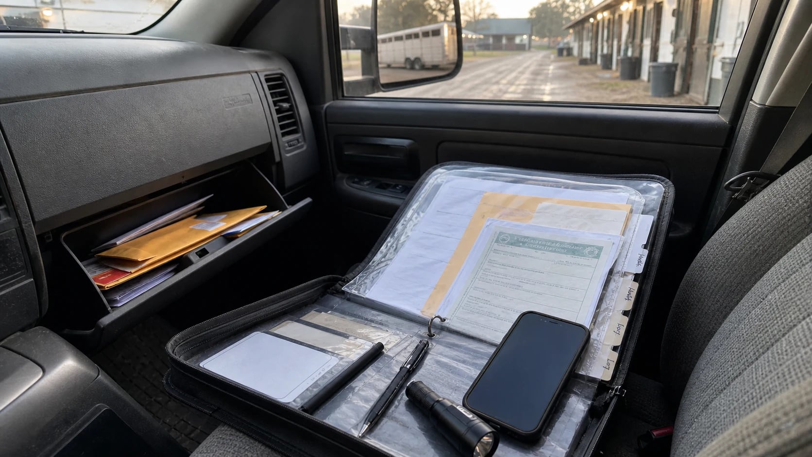 Waterproof horse transport document folder on a truck passenger seat before pickup