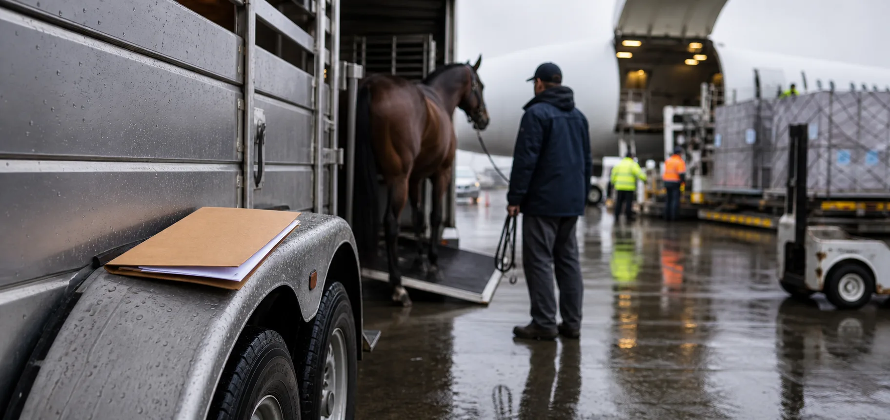 Equine air transport handoff with a horse trailer, airport cargo building, and document folder in the foreground