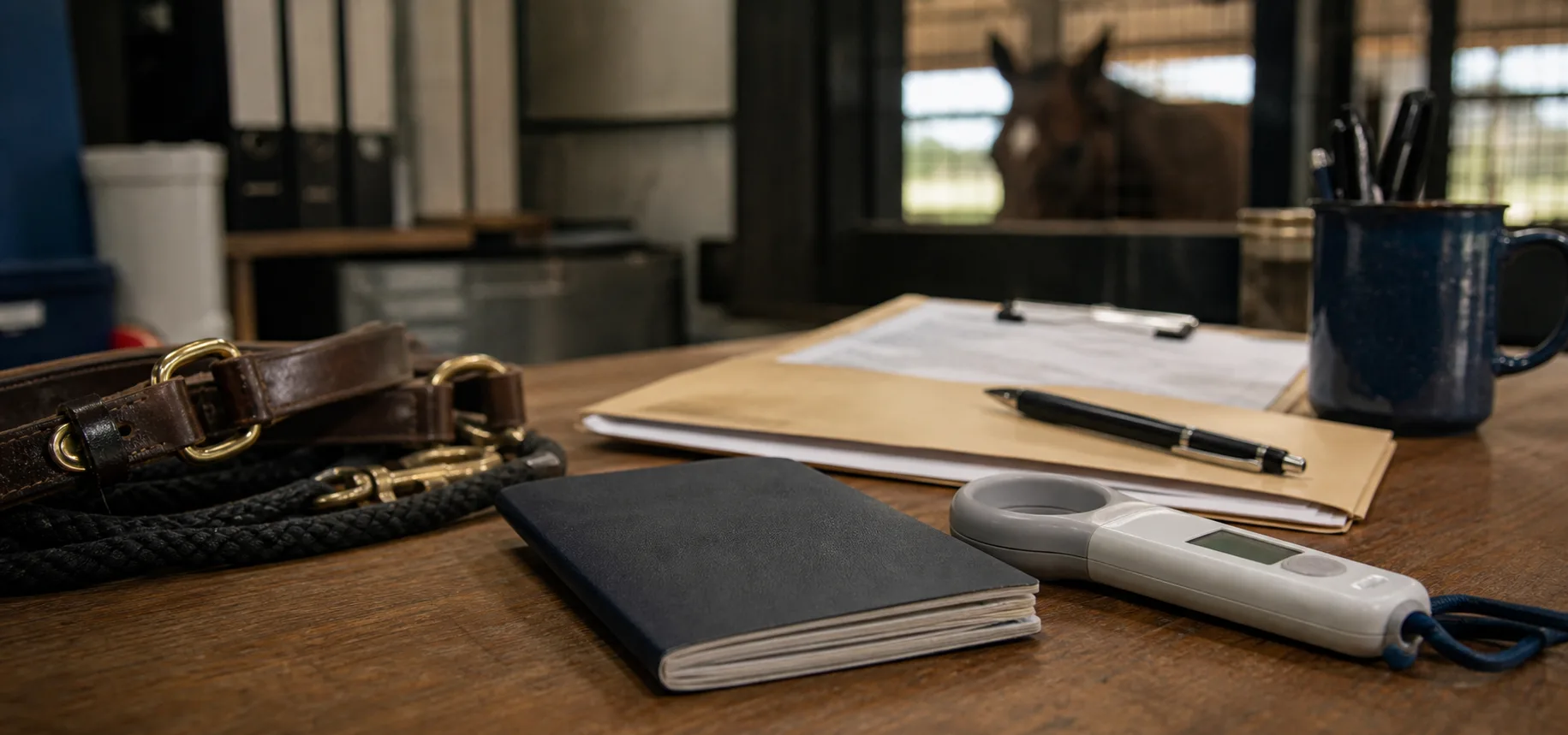 Horse passport, microchip scanner, export paperwork, and travel folder on a stable office counter