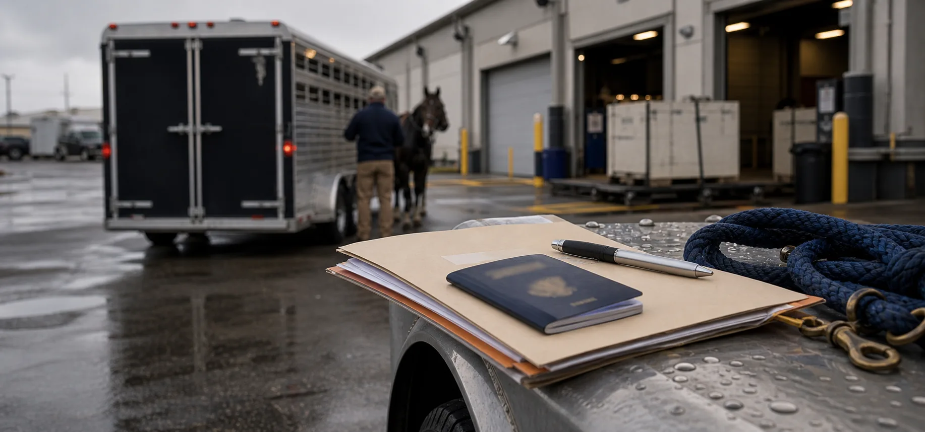 Equine air transport handoff with horse trailer, airport cargo setting, and travel documents