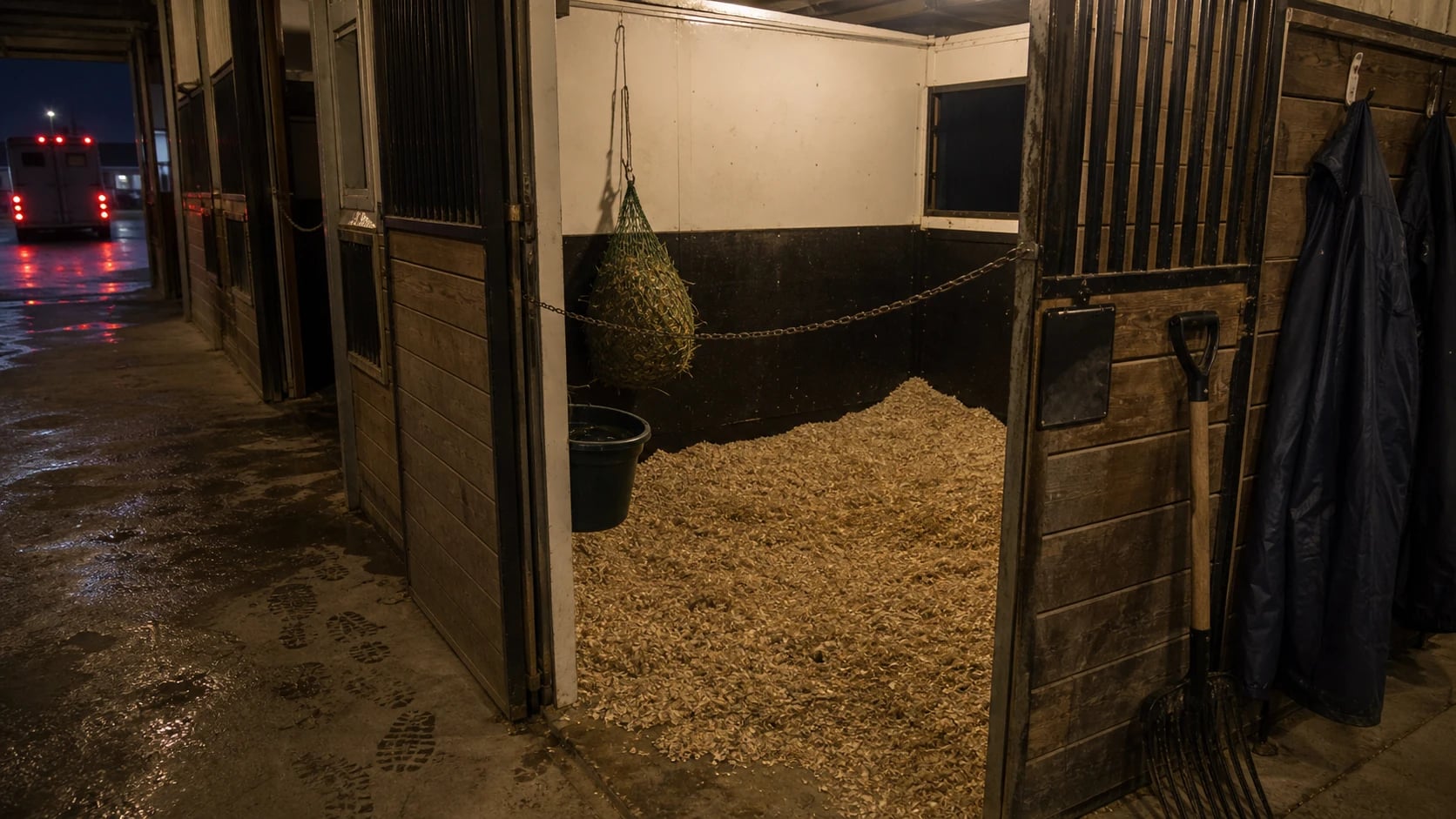 Empty layover barn stall prepared with fresh bedding, water, hay, and trailer lights outside