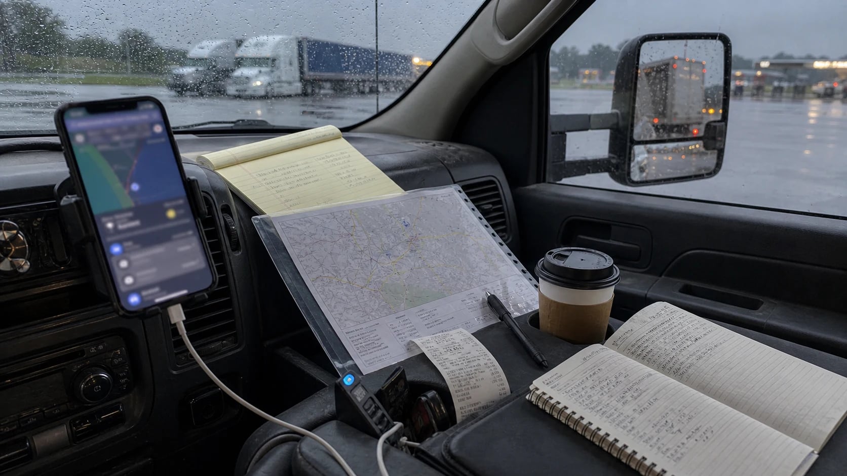 Truck dashboard with blurred trip update phone, route sheet, coffee, and rain on windshield