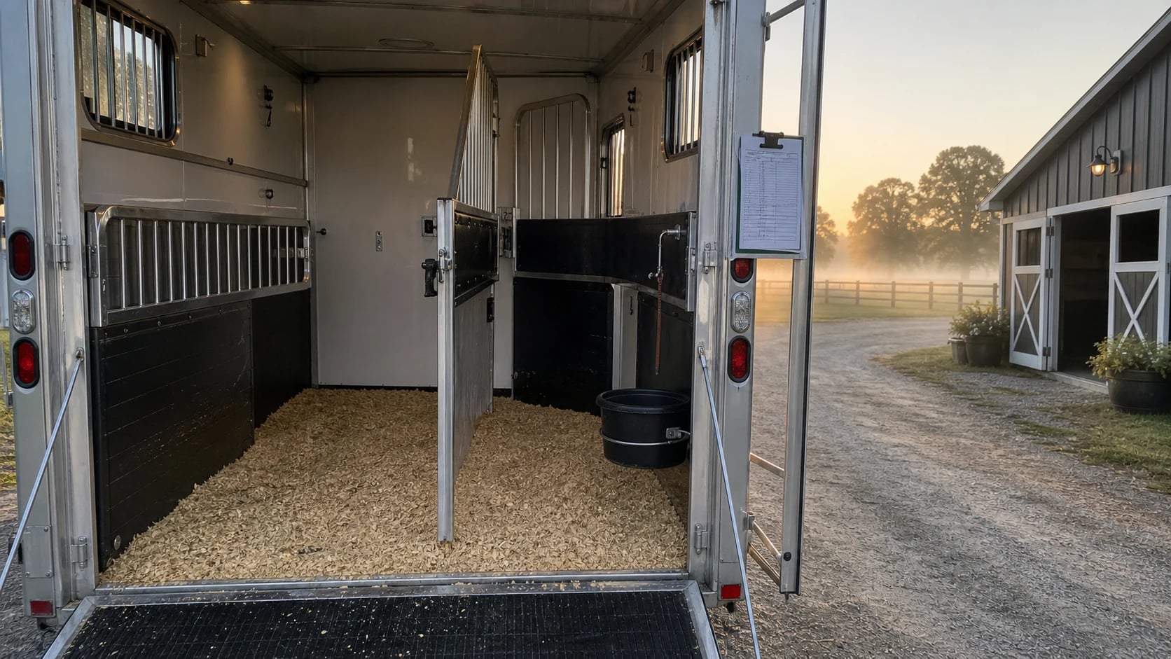 Dedicated private horse trailer stall prepared with bedding, open divider, and quiet barn driveway
