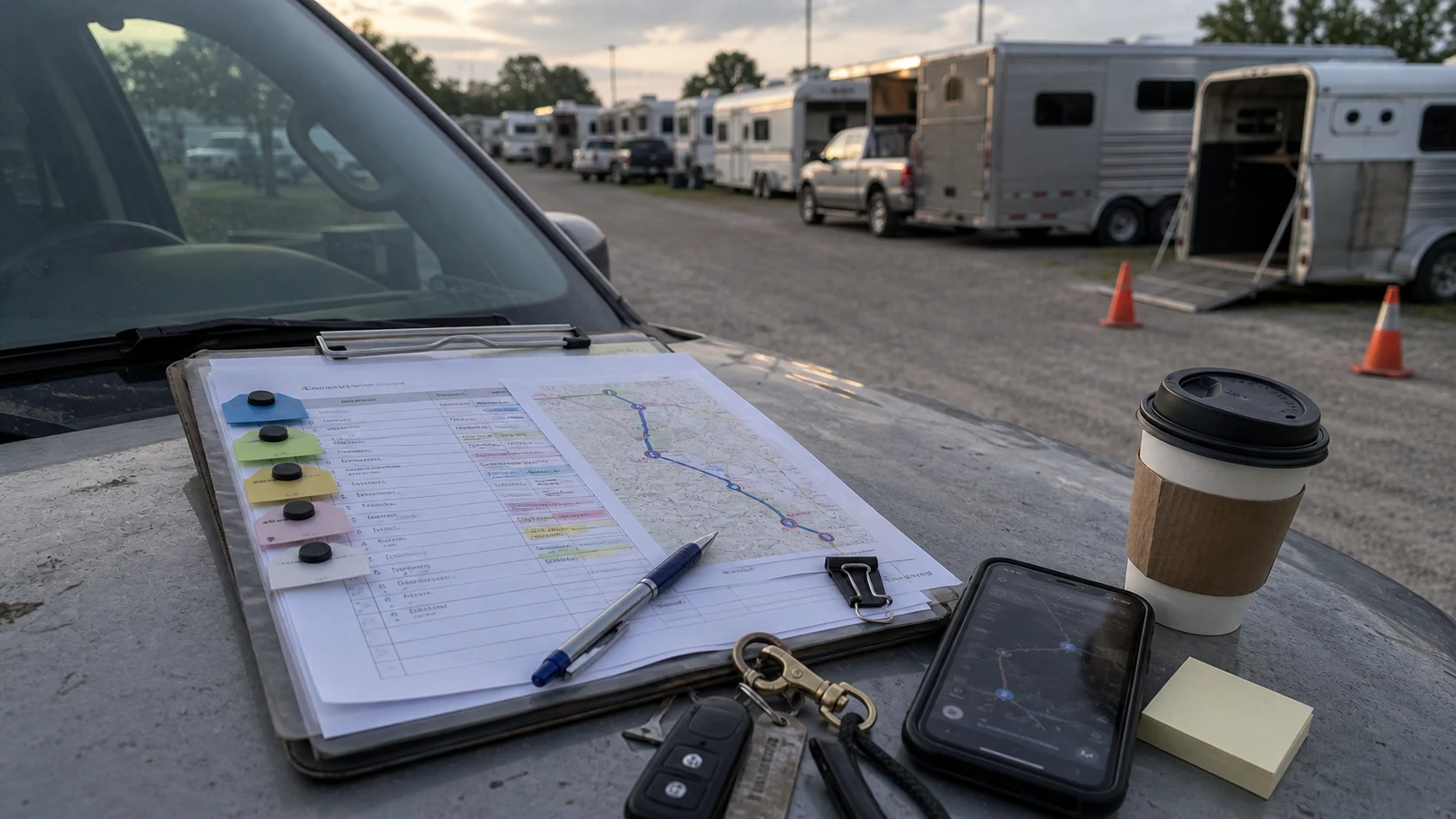 Shared-load transport route planning sheet on a pickup hood with trailers parked in the background