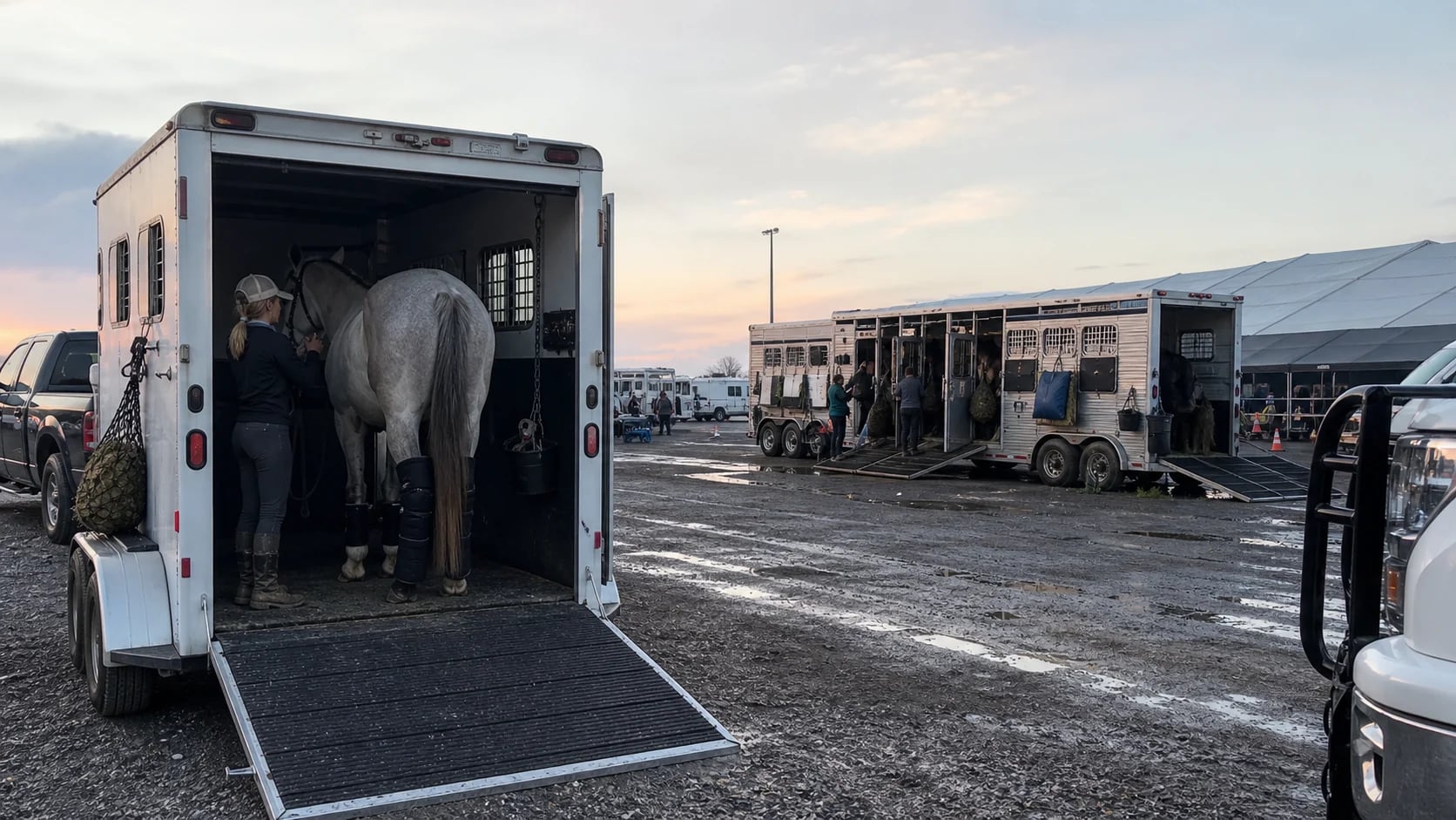 Private two-horse trailer and larger shared-load horse transport rig staged in a busy show ship-in lot