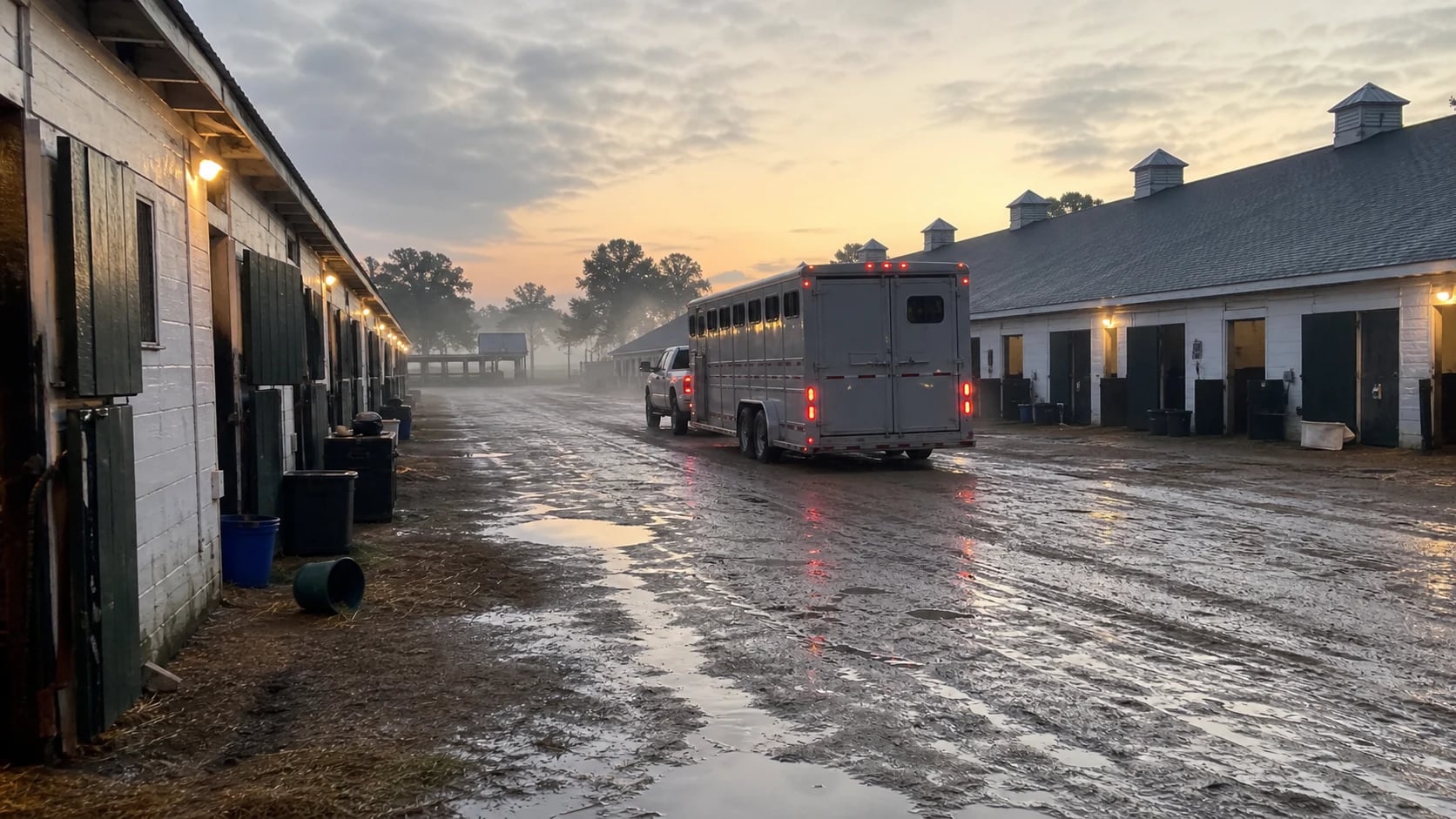 Horse van pulling away through a muddy racetrack backstretch lane at dawn with no horse visible