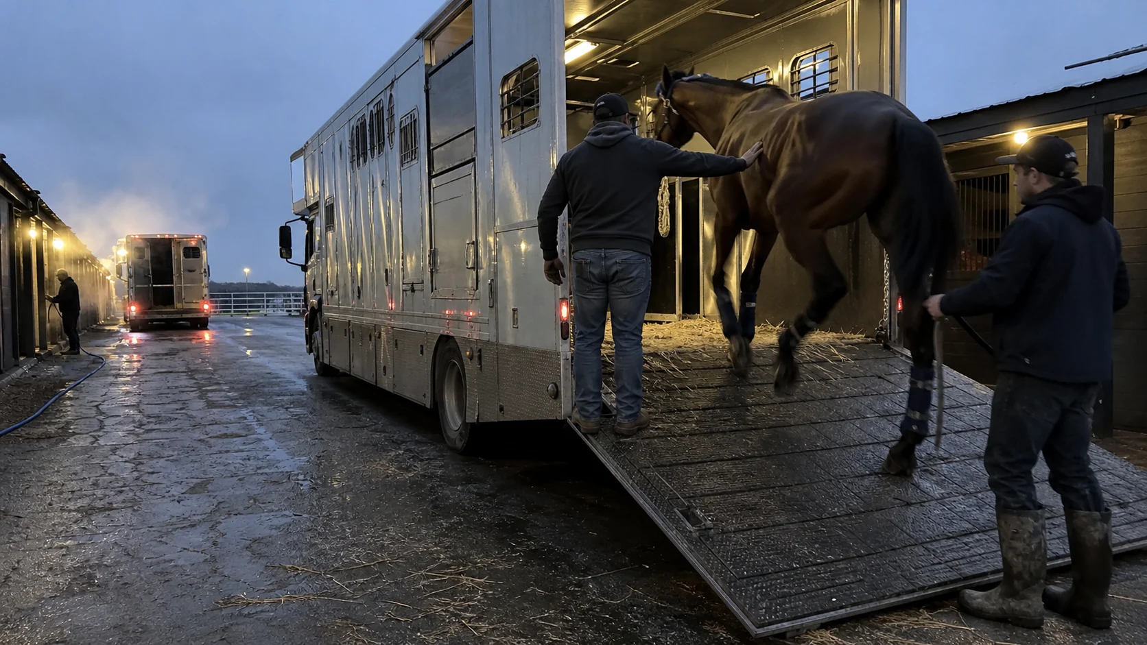 Commercial horse van loading a racehorse from a wet racetrack backstretch lane before sunrise