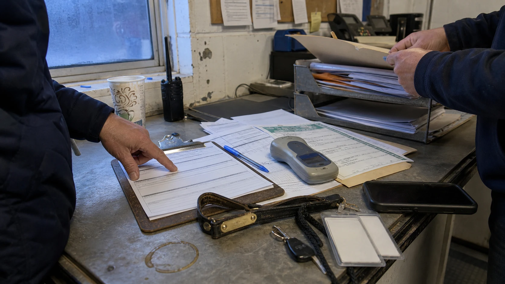 Racehorse transport paperwork, microchip scanner, and health documents on a backstretch stable office counter with no horse in frame