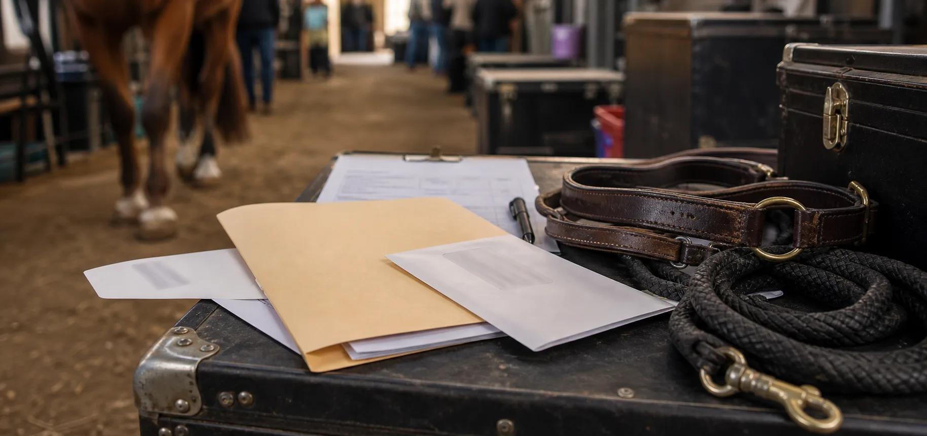 Sale barn paperwork, halter tag, and transport folder on a tack trunk with identifying text blurred