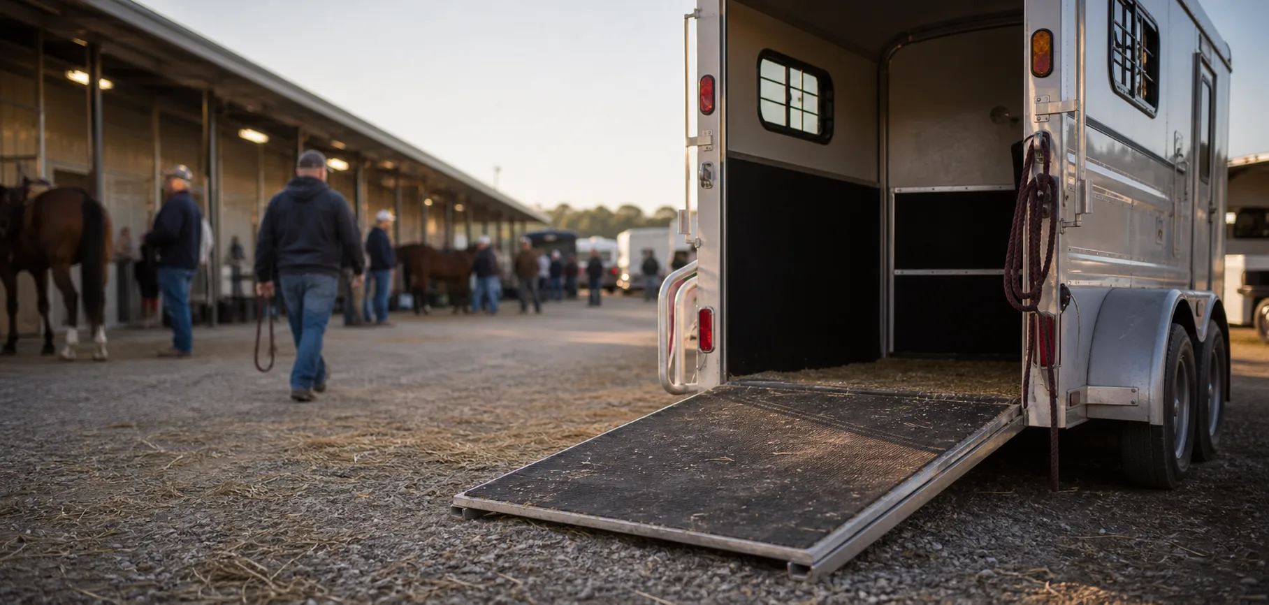 Horse trailer staged outside a busy sale barn lane with people and horses softly blurred in the background