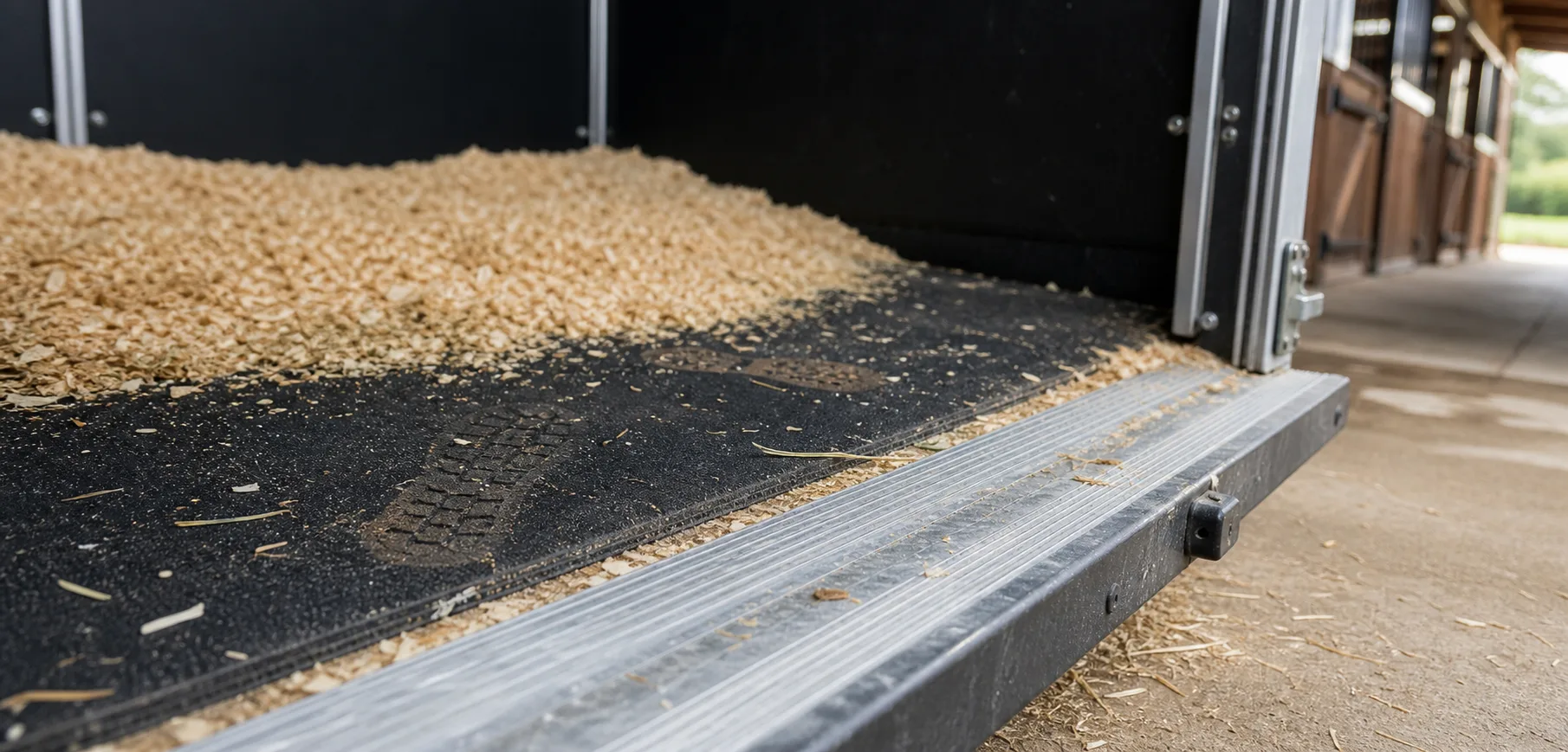 Close detail of clean horse trailer flooring, shavings, and stall mat before transport