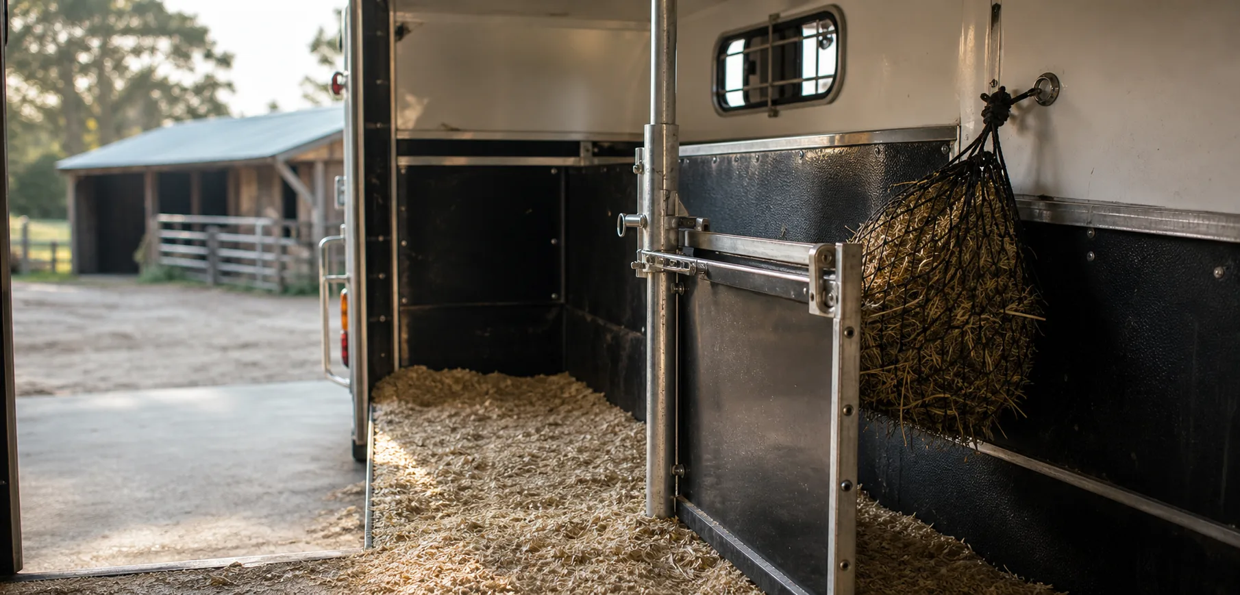Horse trailer stall divider and fresh shavings prepared for a box stall transport setup