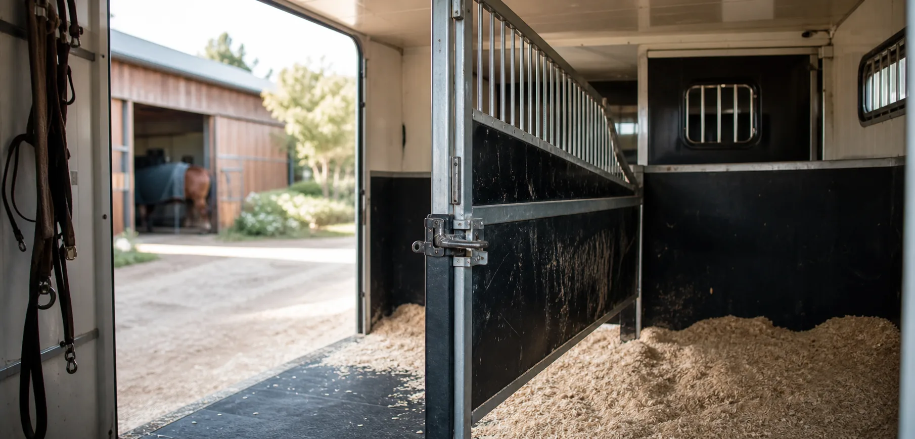 Natural horse trailer interior with stall dividers, shavings, and soft barn light