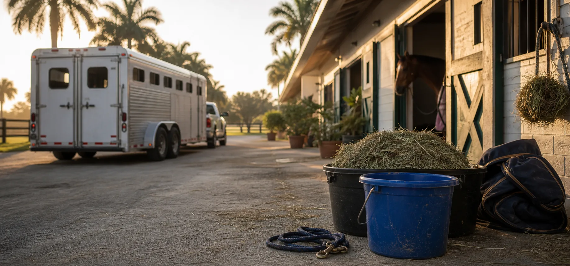 Dawn arrival at a Florida winter barn with palm trees, water buckets, and a blurred horse trailer