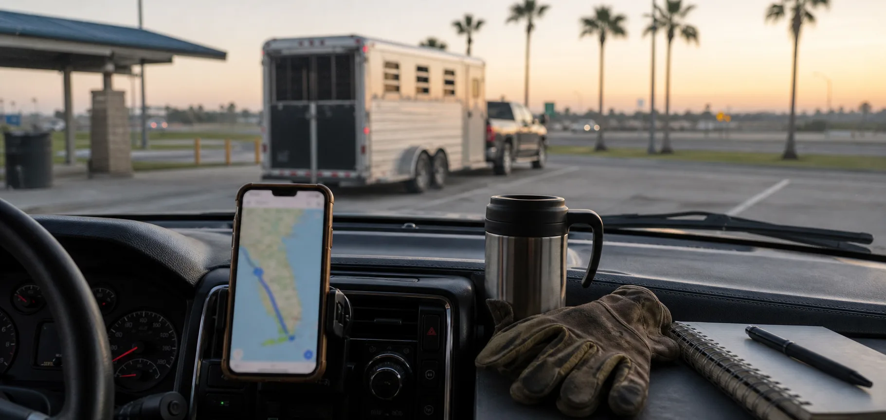 Horse trailer on a winter morning highway with palm trees and soft Southern light ahead