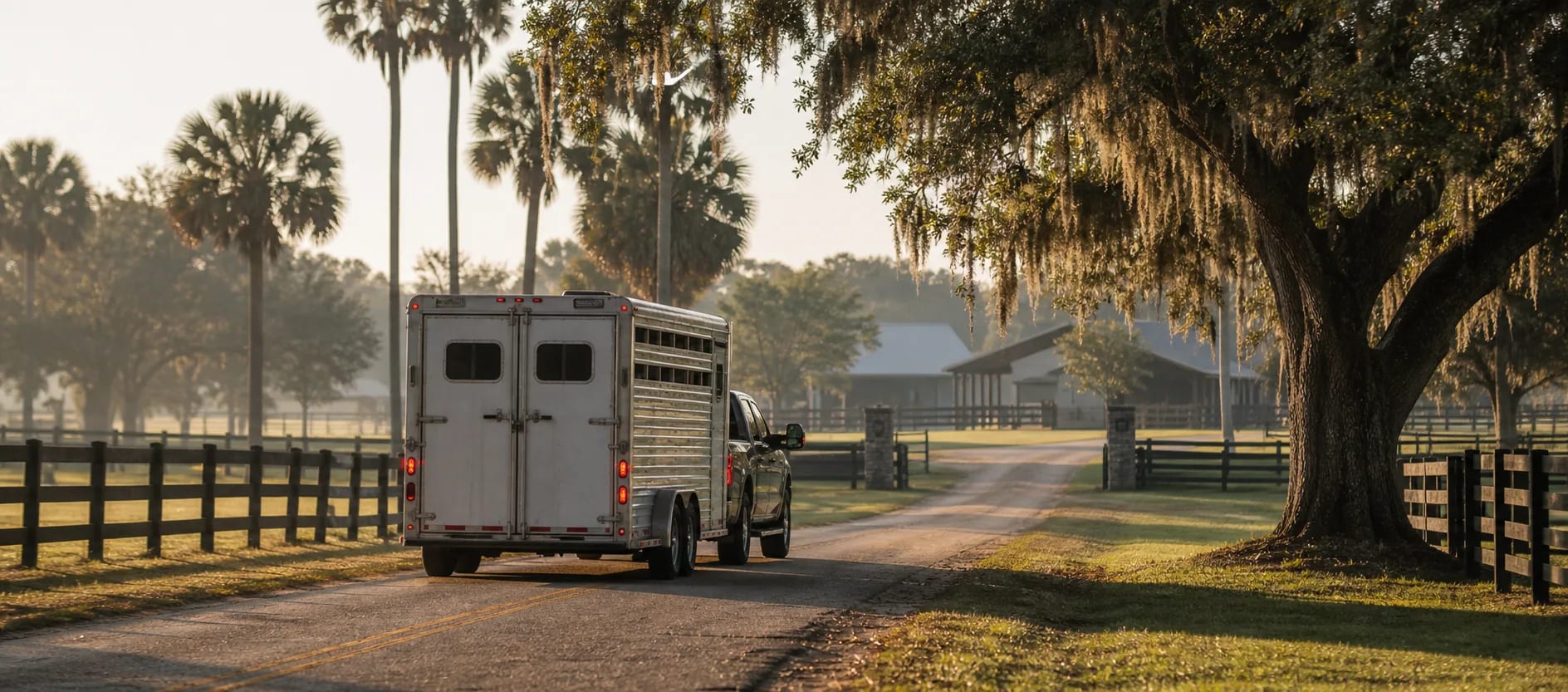 Panoramic winter horse transport route with a trailer moving toward palm-lined Florida barns