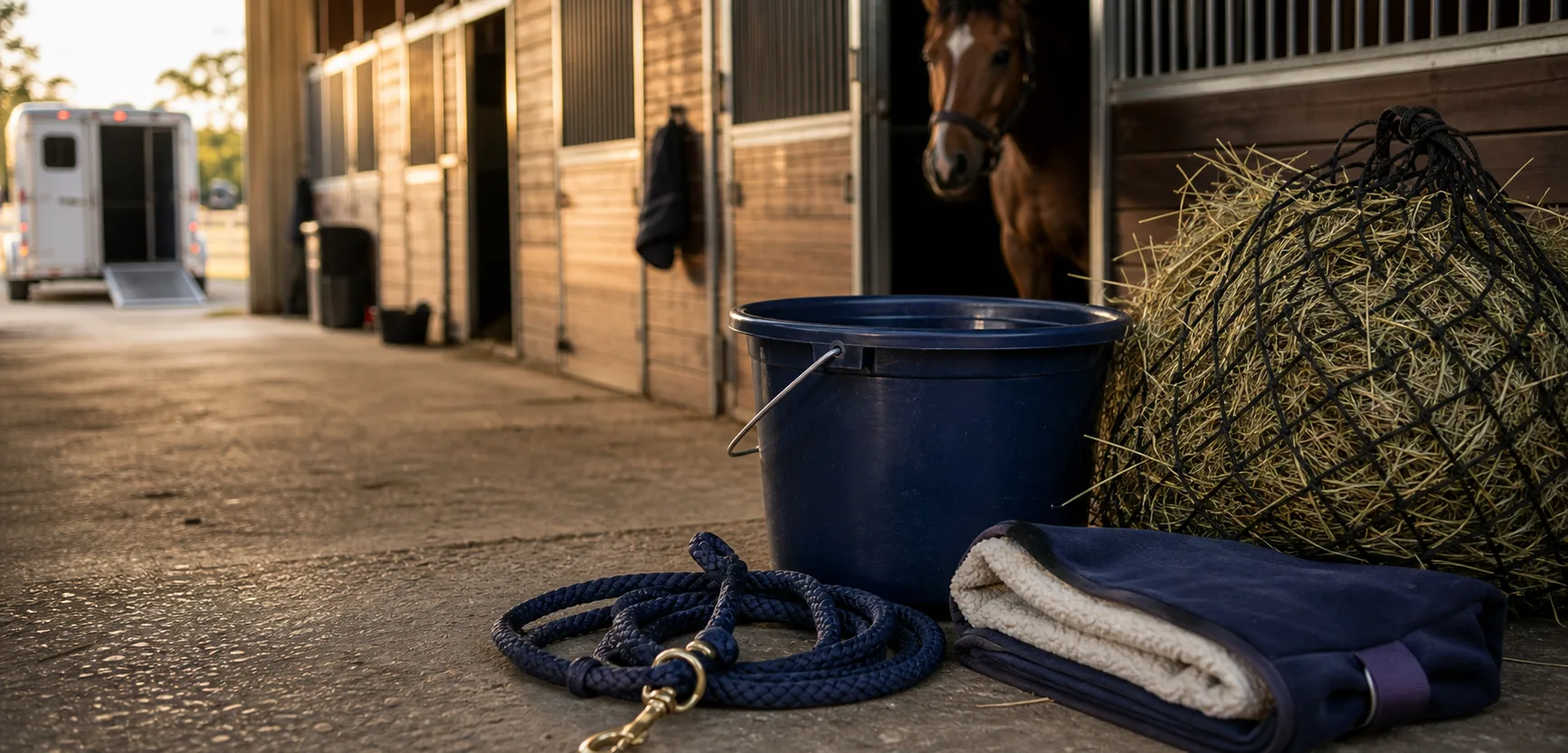 Quiet arrival stall with water bucket, hay, lead rope, and soft barn light after horse transport