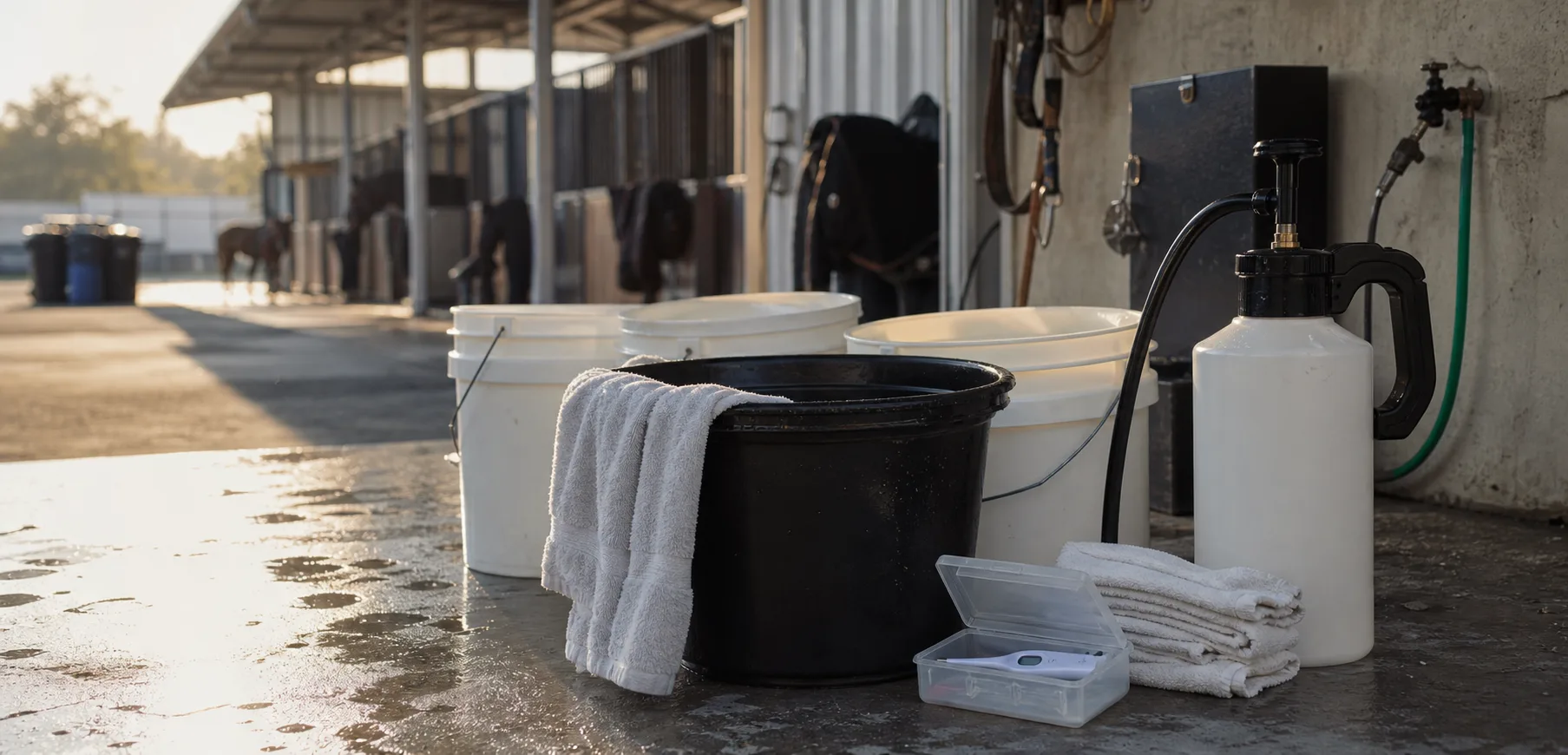 Horse show wash rack with labeled buckets, disinfectant supplies, and soft morning stable light