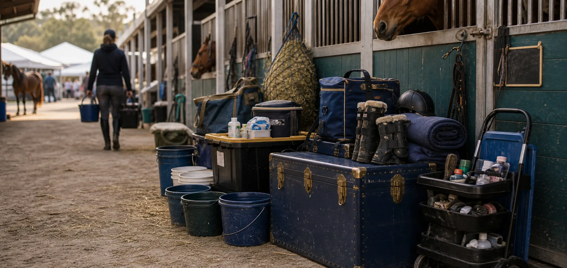 Horse show tack trunks buckets hay bags and gear organized beside a temporary stable