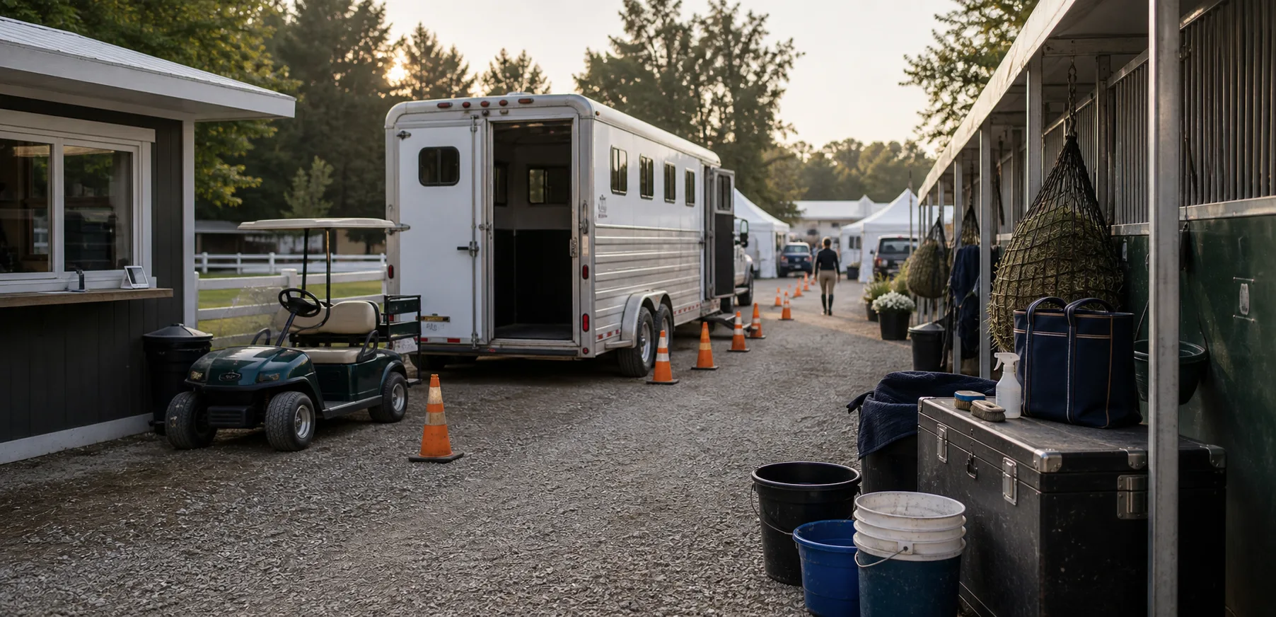 Horse show trailer staging lane and temporary stable row prepared for arrivals
