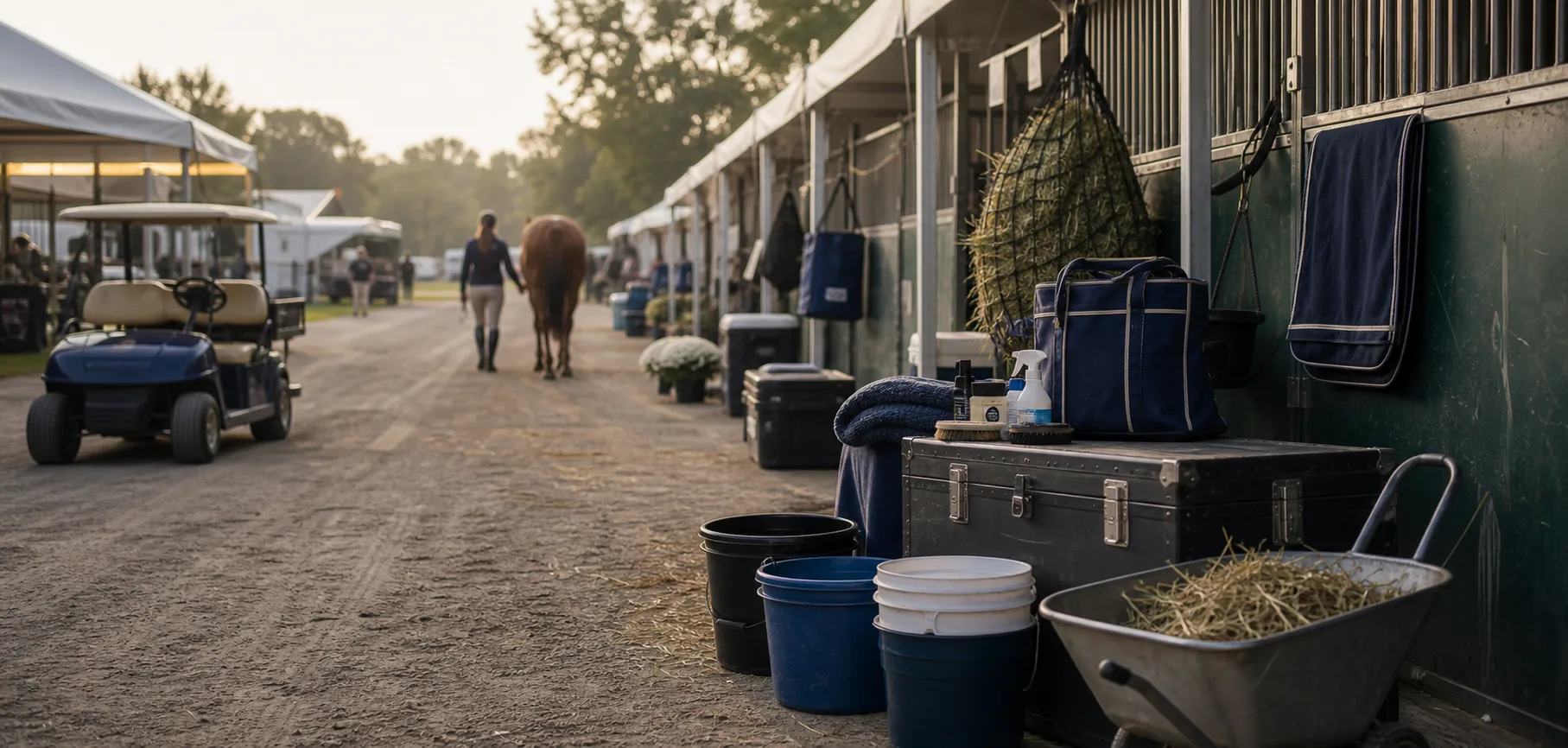 Horse show stable row with tack trunks, buckets, and organized move-in gear