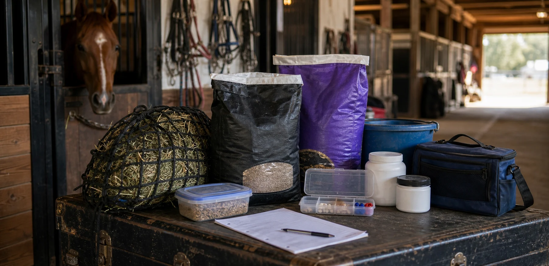 Feed bags hay net water bucket and medication organizer prepared for horse transport