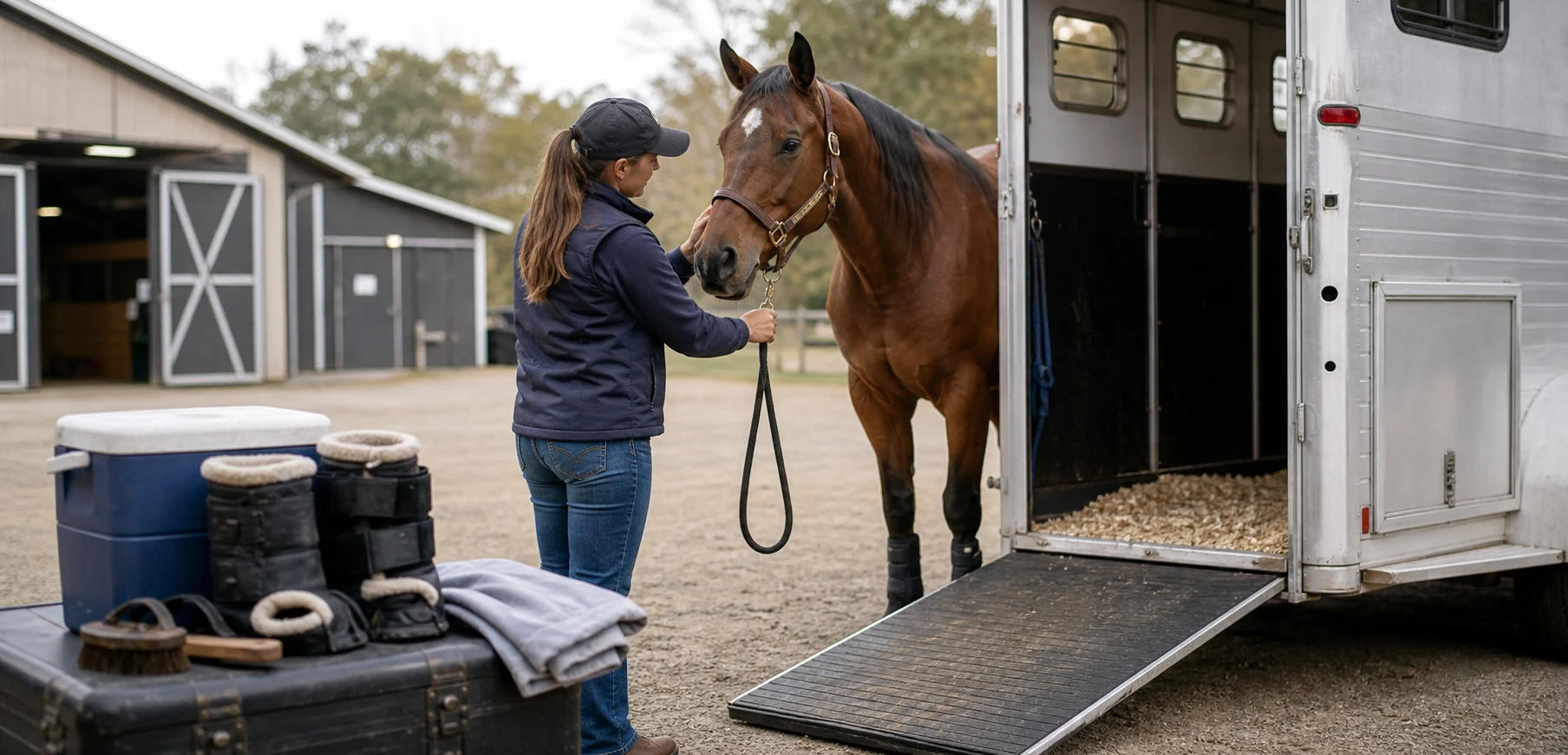 Handler calmly checking a horse beside a trailer ramp before transport loading