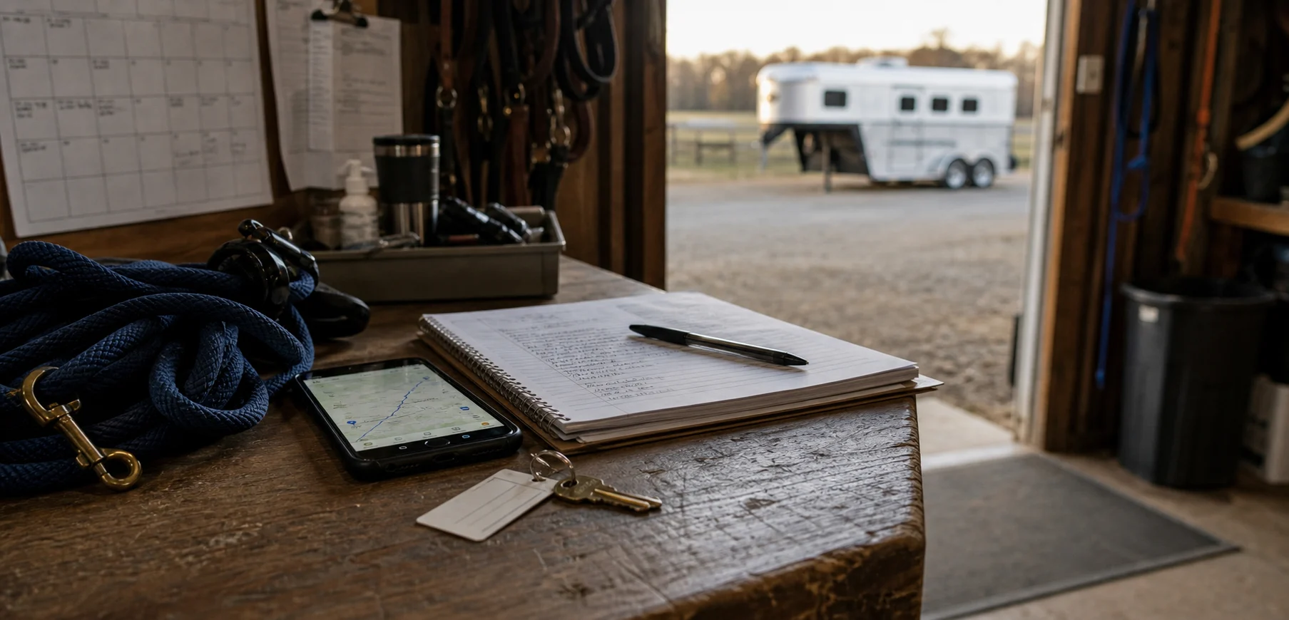 Barn office route notes and phone map prepared before horse trailer pickup