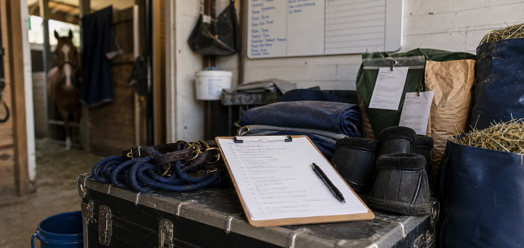 Packed tack trunk, feed bags, shipping boots, and checklist prepared in a barn tack room