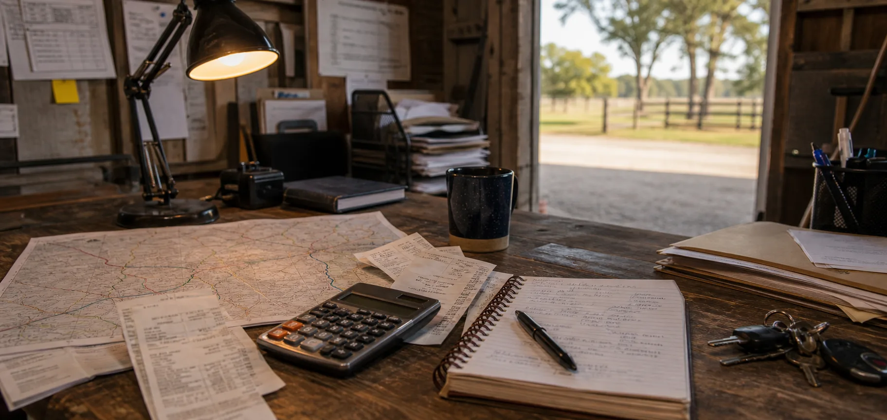 Route map, calculator, receipts, and barn notes used to estimate horse transport cost