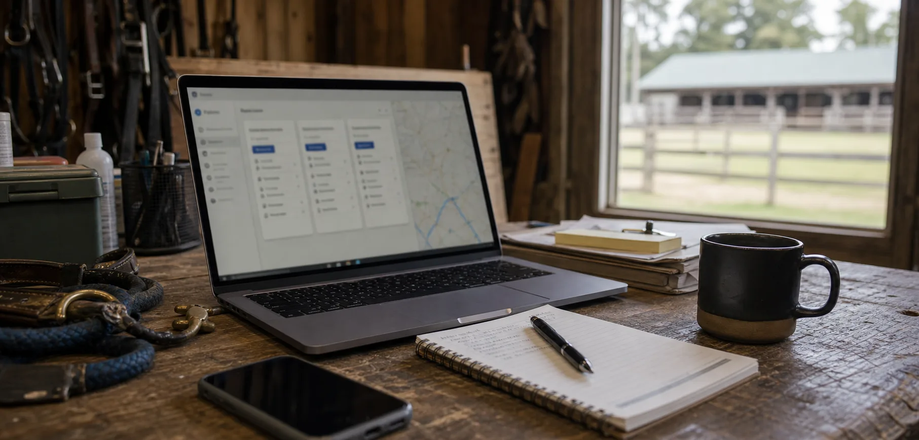 Barn office laptop comparing horse transport quote details and route planning notes