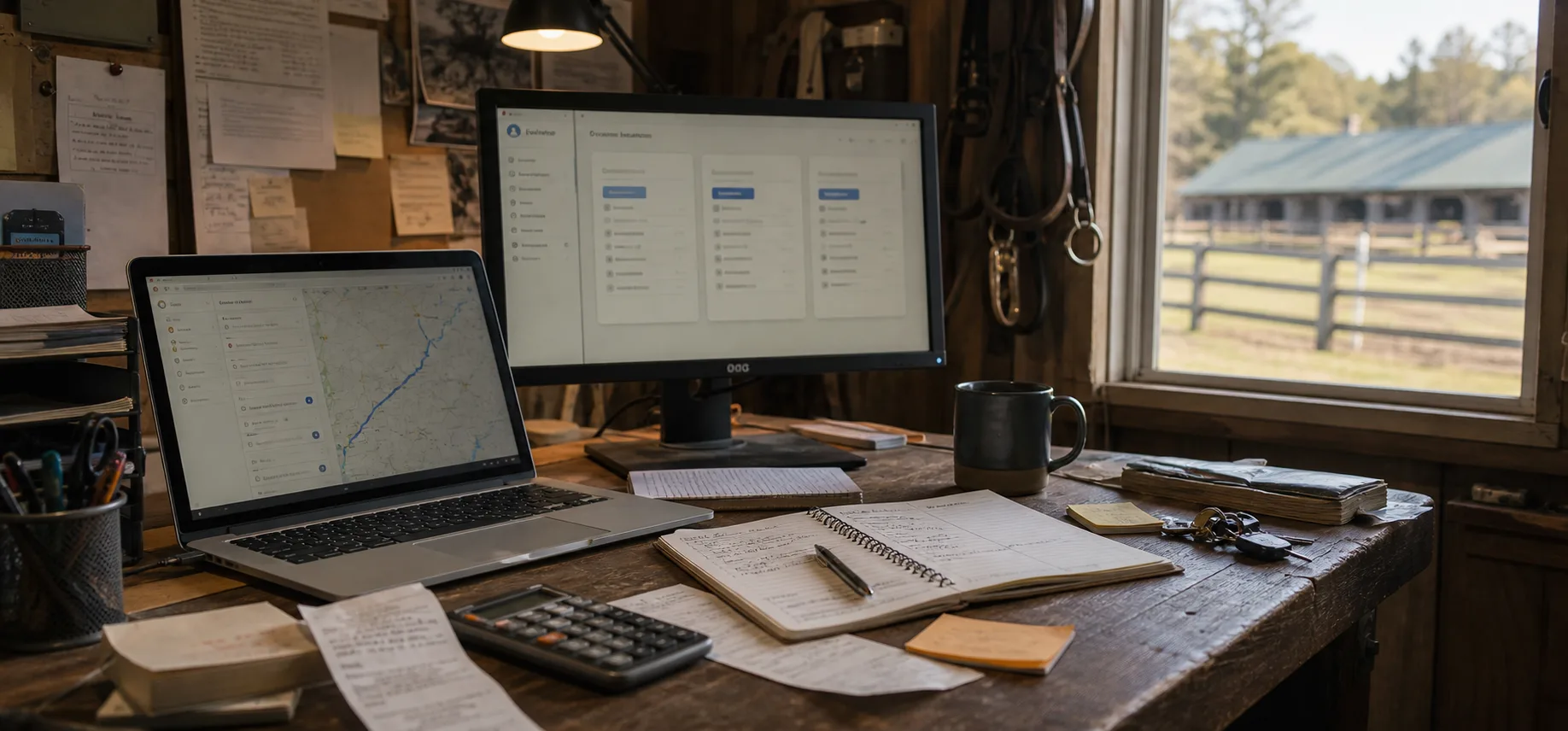 Barn office computer showing horse transport route planning and quote comparison on a desk