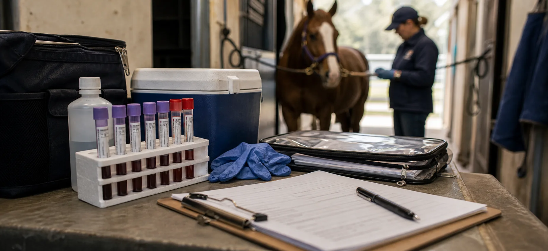 Coggins test sample kit and blurred transport paperwork prepared in a barn aisle