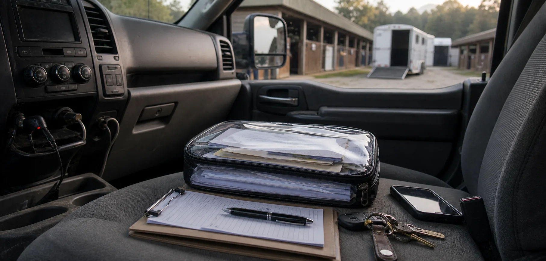 Waterproof folder and horse transport documents organized on a pickup truck seat